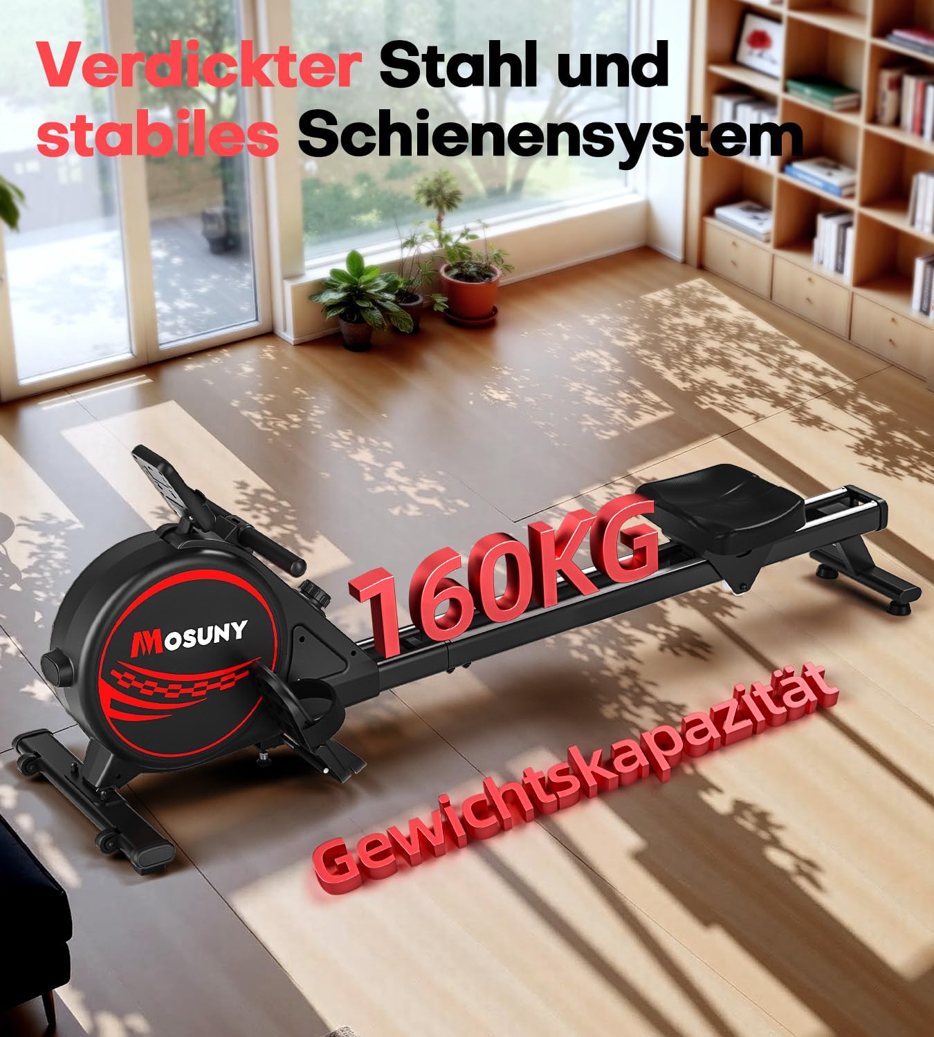 MOSUNY Rudergerät für Zuhause, Magnetisches Rudergerät mit 16 Widerstandsstufen,Upgrade Doppel-Slide-Rails Ultraleise, App-Kompatibel LCD-Datenanzeige, Belastbar bis160kg Rowing