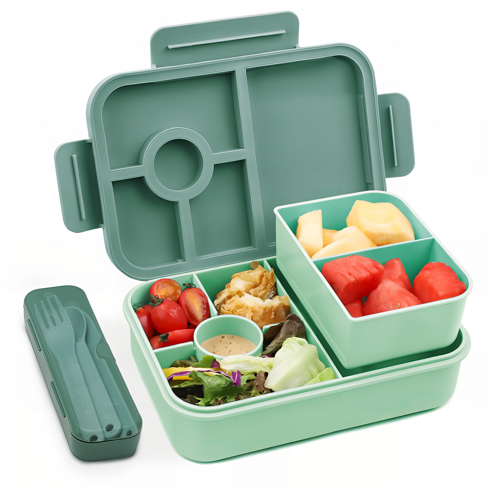 Bugucat Lunch Box 1300ML,Leak-Proof Bento Lunch Box with 4 Compartments,Bento Box Adult with Cutlery, Snack Boxes Bento Boxes with Compartments for School Kindergarten Office,Dgreen