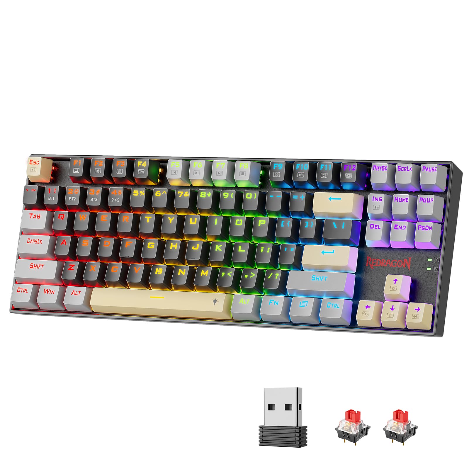 Photo 1 of Redragon Wireless Gaming Keyboard, BT/2.4Ghz Tri-Mode Mechanical Keyboard with Aluminum Pannel, Hot-Swap Red Switch, Programmable 87 Keys TKL, LED Rainbow Backlit - K552LGY-KRS (Eclipse Gilded)