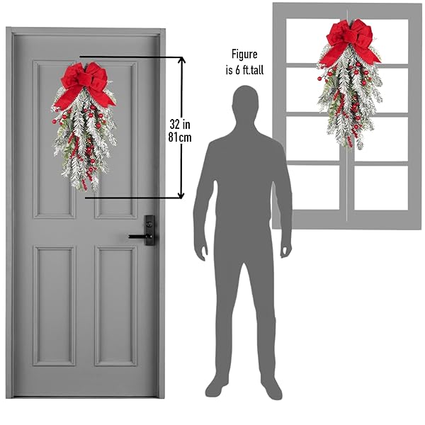FLOROAD 28 INCH PRE-LIT CHRISTMAS TEARDROP SWAG, DECORATED WITH ARTIFICIAL FLOCKED PINE BRANCH RED BERRY WIRED BOWKNOT WHITE LED LIGHT, WHITE SNOWY CHRISTMAS DECORATION FOR FRONT DOOR OUTDOOR
