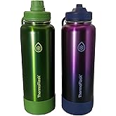 ThermoFlask 40 oz Bottle with Spout and Straw Lid - Stainless Steel, Double-Wall Insulation & BPA-Free - Leakproof, Resuable - Forest Green/Purple Sunset (2 Pack)