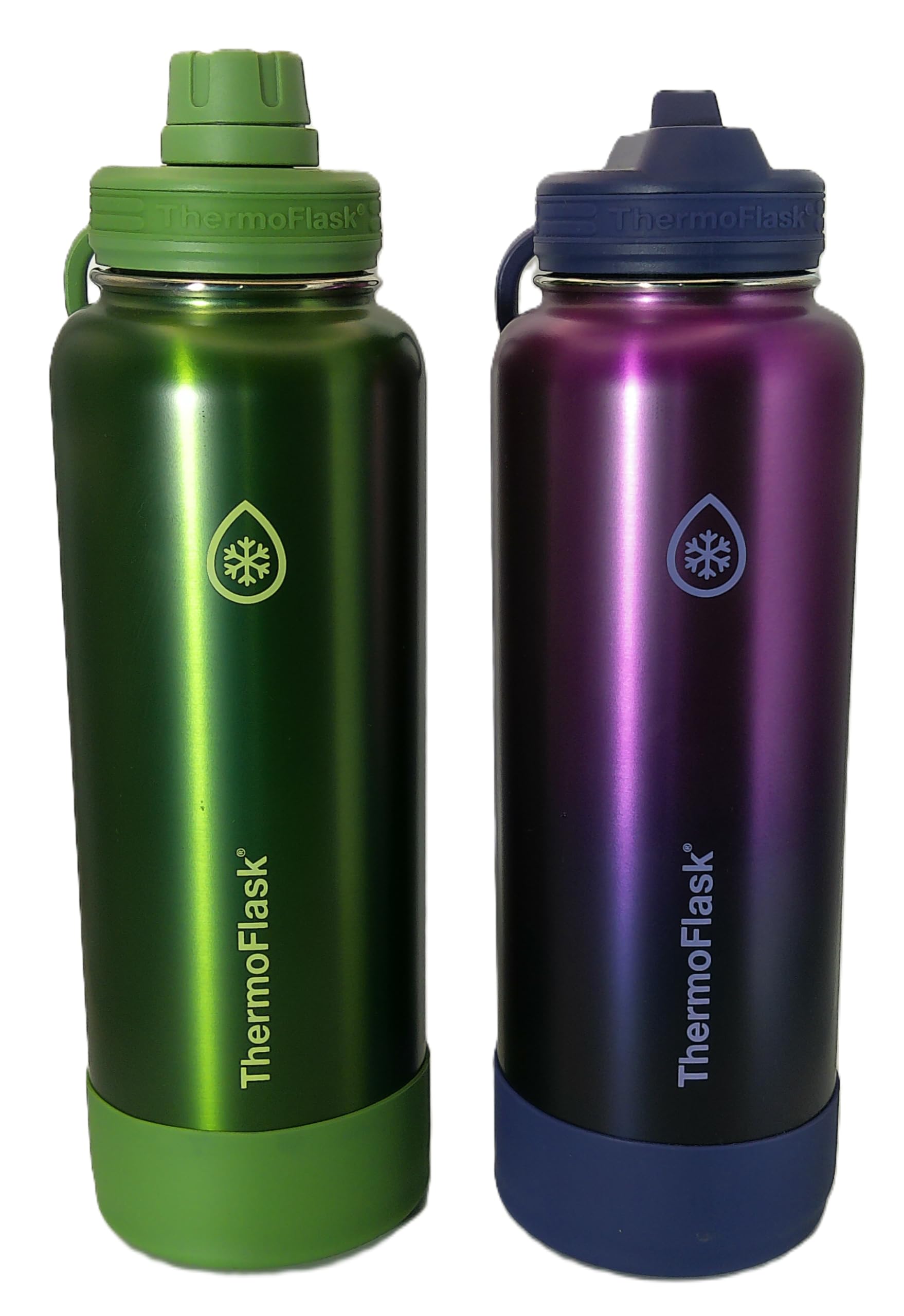 Photo 1 of ThermoFlask 40 oz Bottle with Spout and Straw Lid - Stainless Steel, Double-Wall Insulation & BPA-Free - Leakproof, Resuable - Forest Green/Purple Sunset (2 Pack)