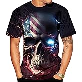 LAOLIUSN Men's Lightning Skull T-Shirt Patriotic Theme Tee American Flag Graphic Top