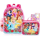Disney Princess Backpack and Lunch Box Set for Girls Bundle, More | Insulated Lunch Bag &amp; 16in Large Durable Princess Bookbag Plus Water Bottle, Stickers, More - Disney Princess School Supplies
