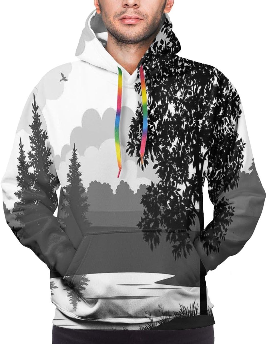 Men's Hoodies Sweatershirt,Nature Theme Landscape with Trees Birds