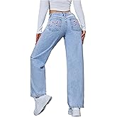 WDIRARA Women's Petite Bow Embroidered Cute Jeans Y2k Straight Leg Denim Pants