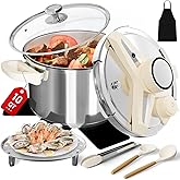 Abijan Stainless Steel Pressure Cooker 9.5 QT, 10PCS Cooking Pressure Cooker with Glass Lid & Steamer Rac, 3 PSl Settings, On