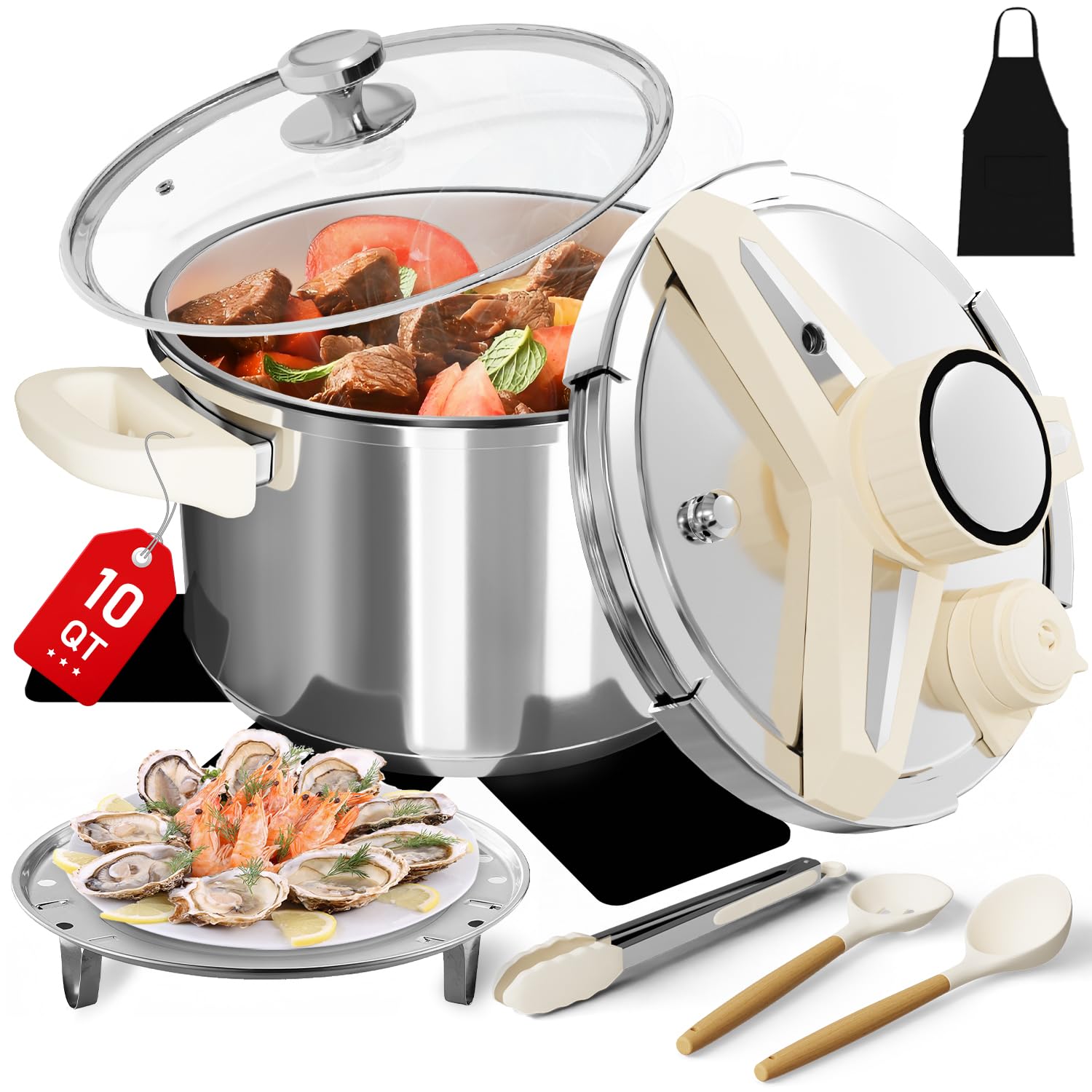 Photo 1 of 10 QT Stainless Steel Pressure Cooker, 10 pcs Olla de presion Set, Cooking Pressure Cooker with 3 PSl Settings Release Valve & Multiple Protective Devices, Compatible with Induction and Gas Stovetops