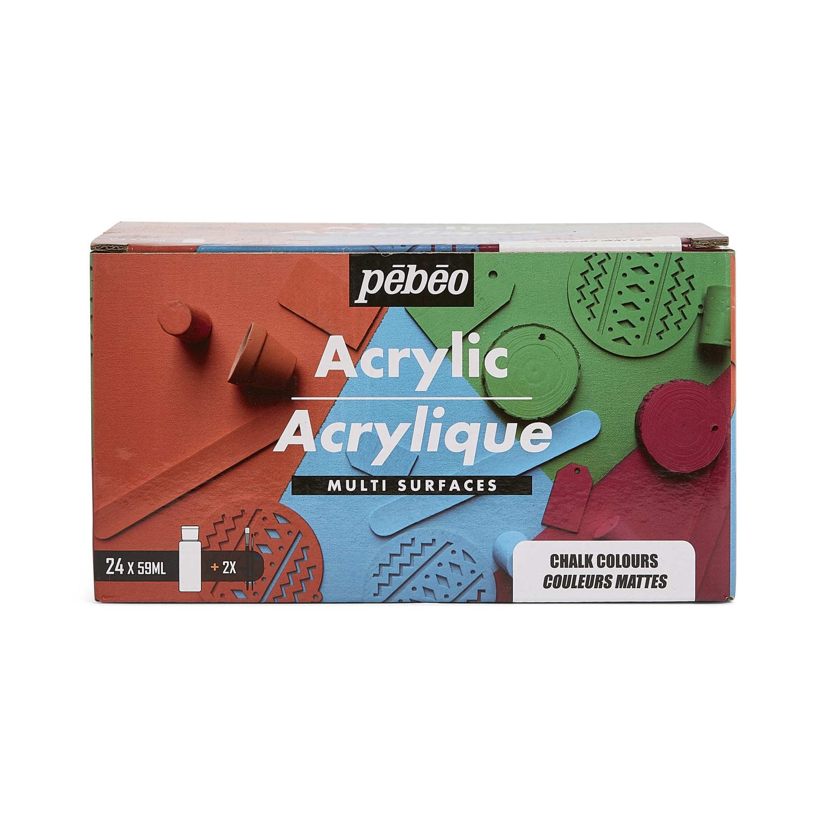 PEBEO - Acrylic Multi Surfaces - Set 24 Bottles 59ml Matte Assorted Colours + Accessories - Acrylic Painting Kit for Artist and Beginner - 2 Brushes - Luminous and Opaque Colours