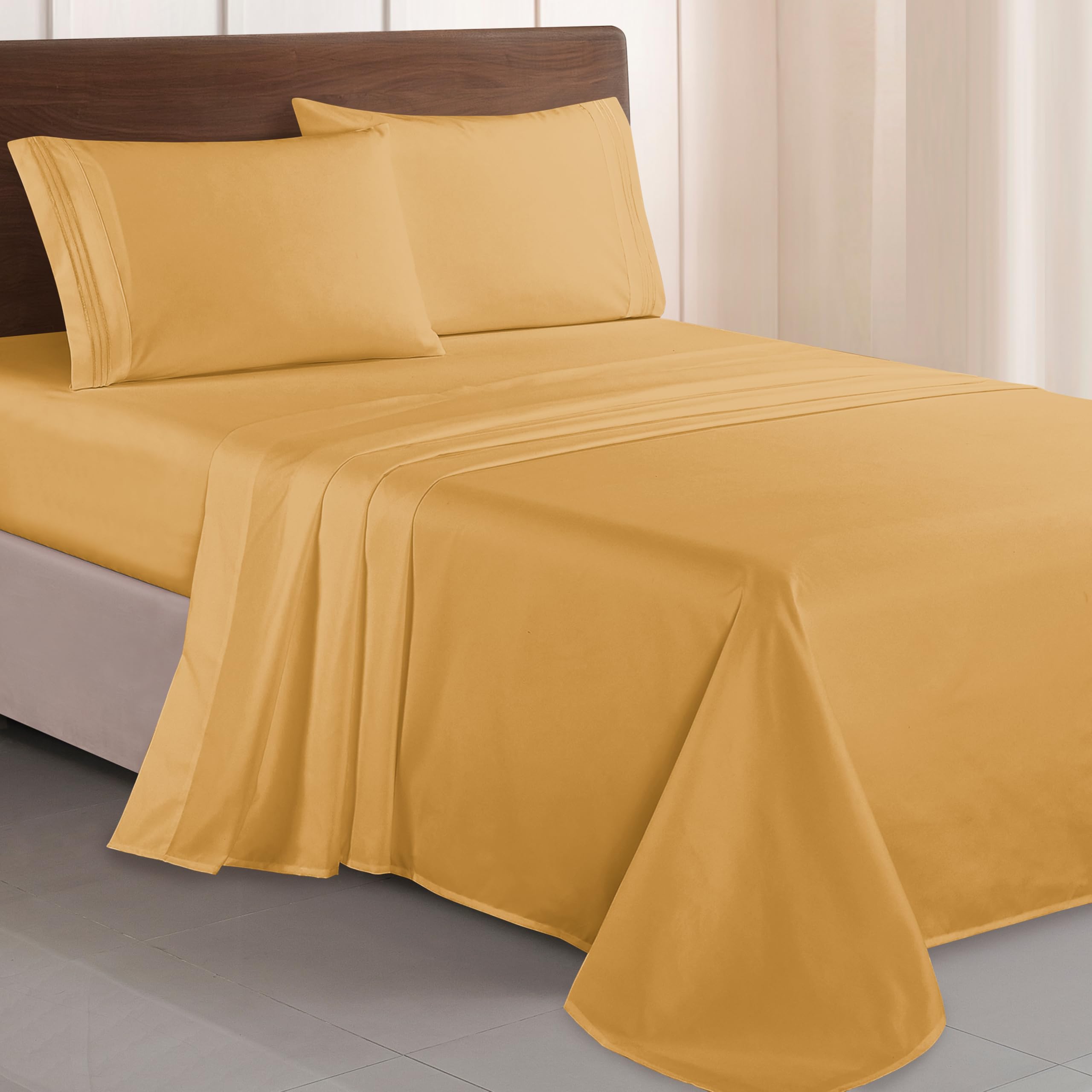 Elegant Comfort Luxurious 1500 Premium Hotel Quality Microfiber Three Line Embroidered Softest 4-Piece Bed Sheet Set, Wrinkle and Fade Resistant, Twin/Twin XL, Camel-Gold — image 1