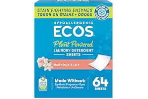 ECOS Laundry Detergent Sheets Vegan, No Plastic Jug, No Mess, Liquid Free - Hypoallergenic, Plant Powered Laundry Detergent Sheet - Magnolia & Lily - 64 Count (Pack of 1)