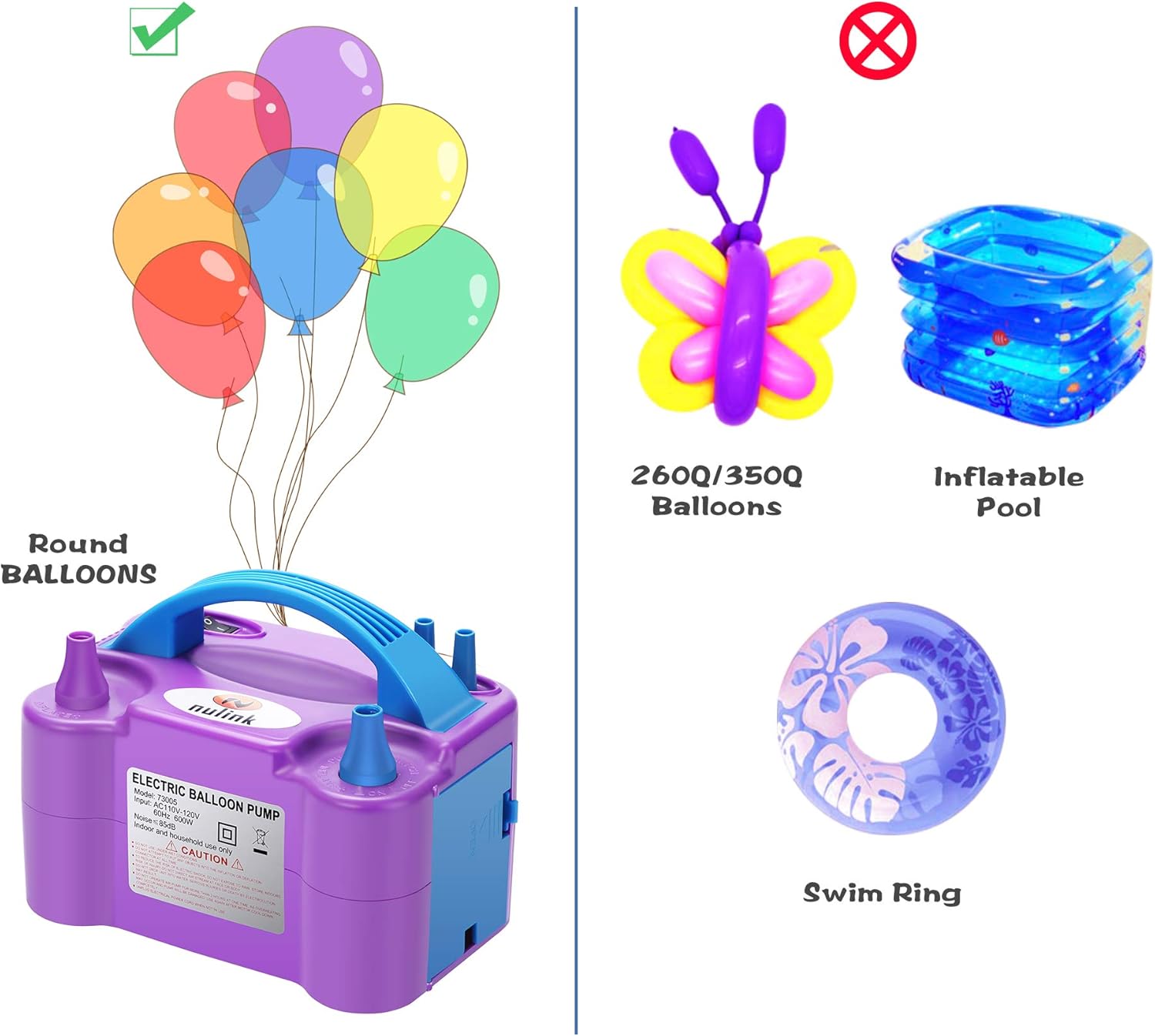 NuLink Electric Portable Dual Nozzle Balloon Blower Pump Inflation for Decoration, Party, Sport [110V~120V, 600W, Purple]: Toys & Games
