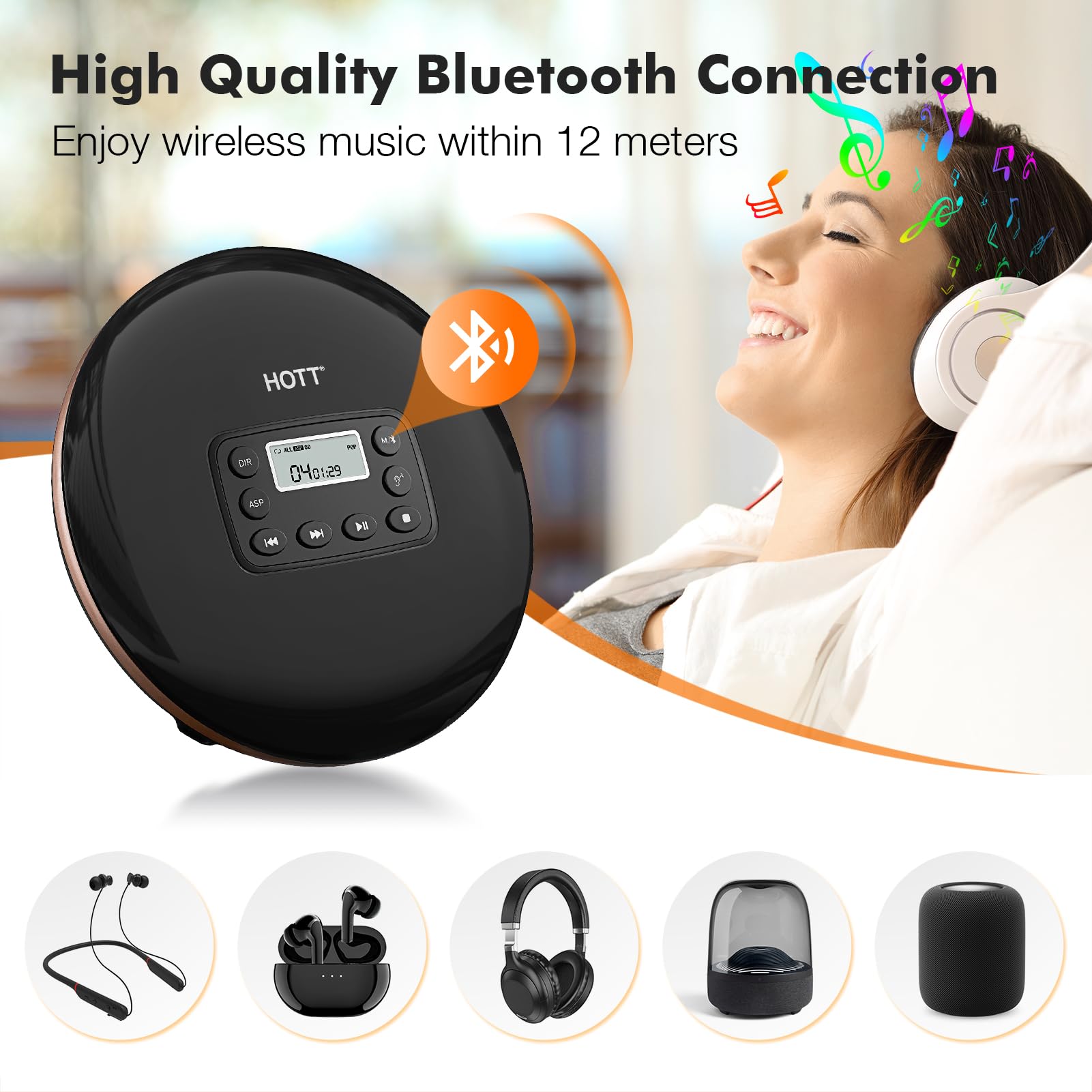 HOTT Portable CD Player with Bluetooth CD-R,MP3 USB Rechargeable with Headphones and AUX Cable for Car Travel, Discman CD Player with Shockproof （CD711T）