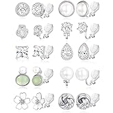 Tornito 10-15 Pairs Clip on Stud Earrings Non Pierced Teardrop Round Square CZ Pearl Twist Knot Flower Butterfly Heart Star Rainbow Cat Opal Clip on Earrings for Women
