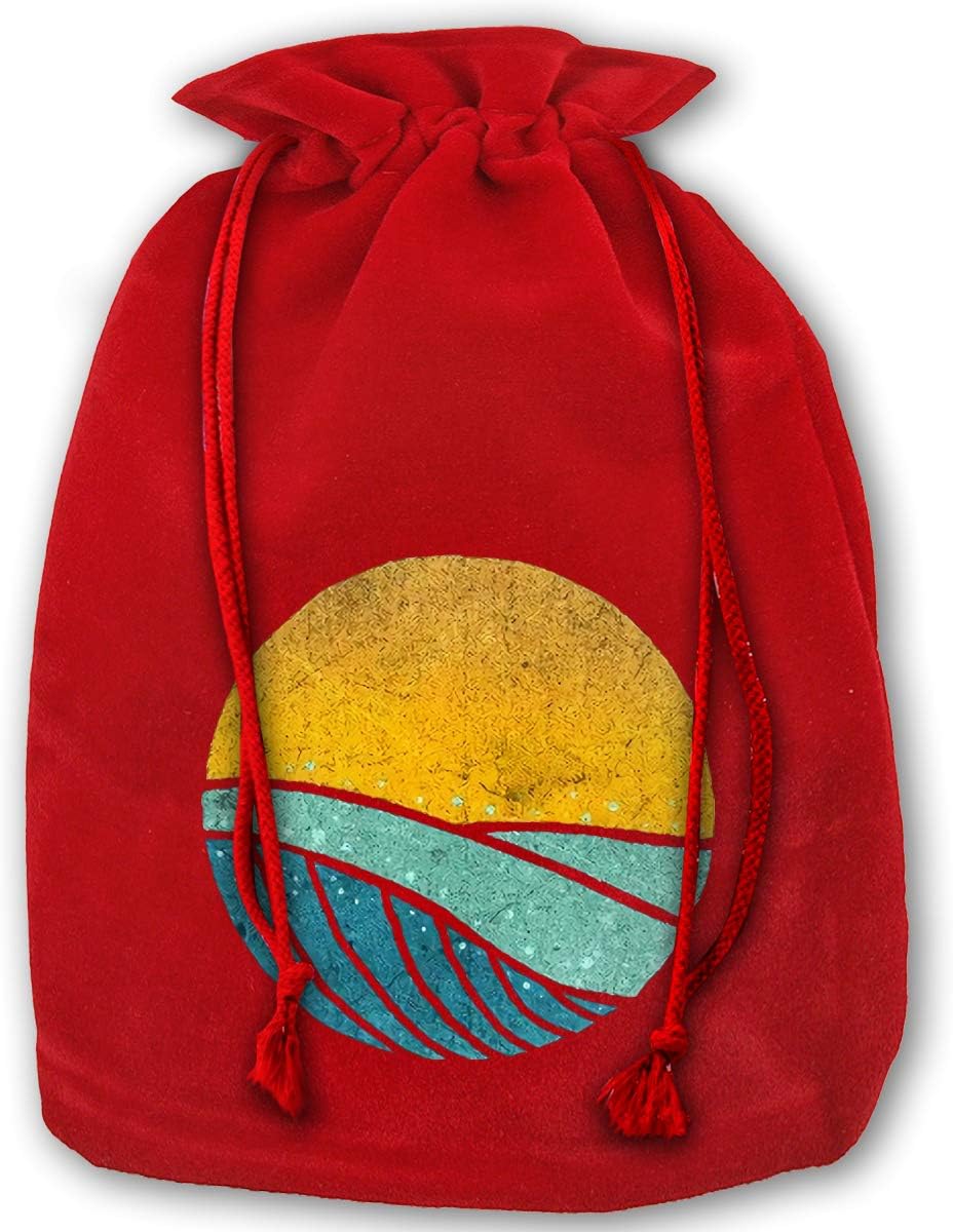 Vintage Sea Wave On Tides Summer Christmas Gift Bags,Red Velvet Santa Sack Drawstring Bags for Xmas Presents