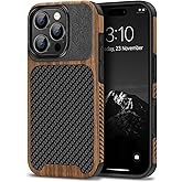 TENDLIN Compatible with iPhone 16 Pro Phone Case Wood Grain with Carbon Fiber Texture Design Leather Hybrid Slim Case (Black)