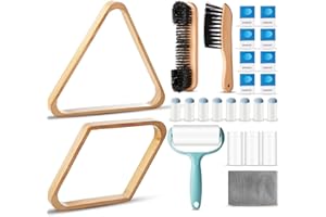 ShinyRelief 22 Set Pool Table Brush Set Wooden Billiard Rack 8 or 9 Ball Triangle Diamond for 2-1/4" Pool Ball with Polish Cloth Sticky Lint Roller Cue Chalk Cube Accessories