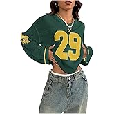 Verdusa Women's Y2k Tops Jersey Shirts Oversized Crochet Graphic Going Out Tops V Neck Pullover Sweater Streetwear