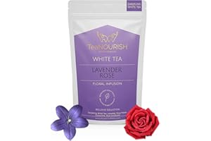 TeaNOURISH Lavender Rose White Tea | Darjeeling Silver Needles White Loose Leaf Tea Blended with Lavender, Rose Petals, Chamo
