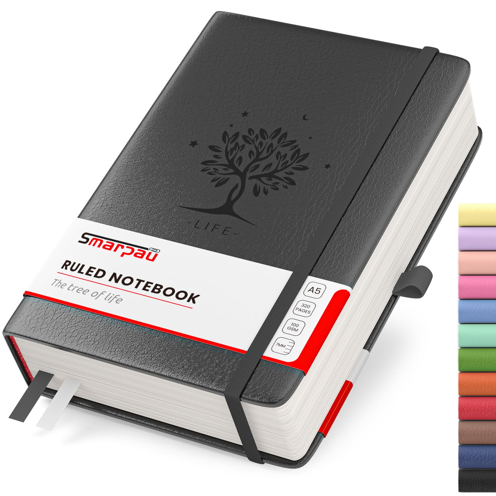 Smarpau Lined Journal Notebook - A5 Thick Notepad Hardcover Journal 320 Pages 100gsm Thick Lined Paper for Writing, Leather Notebook for Women Men Work School Office - Black