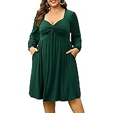 AMCLOS Women's Plus Size Square with Deep V Neck Sexy Flowy Dress Twist Knot Front 2 Pockets Long Sleeve Casual Party Work