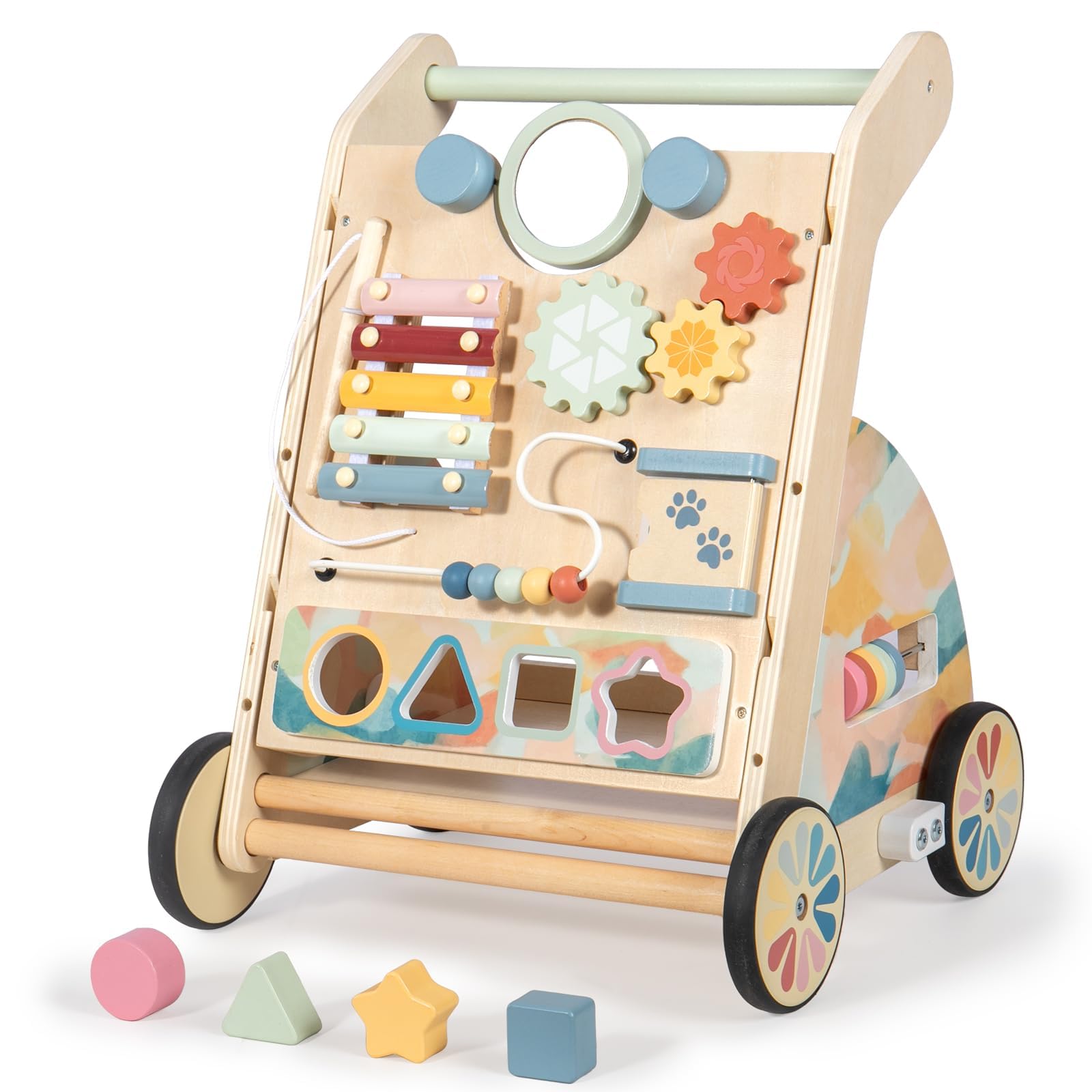 Photo 1 of LOL-FUN Wooden Baby Walker with Detachable Busy Board, Push Walker for Baby with Adjustable Speed Wheels, Activity Learning Walker for Boys Girls 6-12 Months