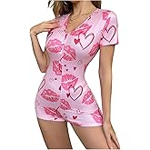 OYOANGLE Women's Lips Heart Print Button Up Sleepwear V Neck Short Sleeve Overall Cute Pajama Romper