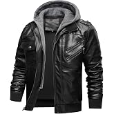 INVACHI Men's Faux Leather Jacket, Motorcycle Bomber with Removable Hood | Biker Style, Detachable Hood, Multi-Pockets, Wind Resistant, Water Repellent, Lightweight