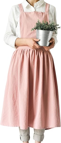 Amazon Saniqueen G レディースエプロン H型 シンプル フリル裾 北欧風 オシャレエプロン 無地 薄手 着丈100cm ピンク エプロン オンライン通販