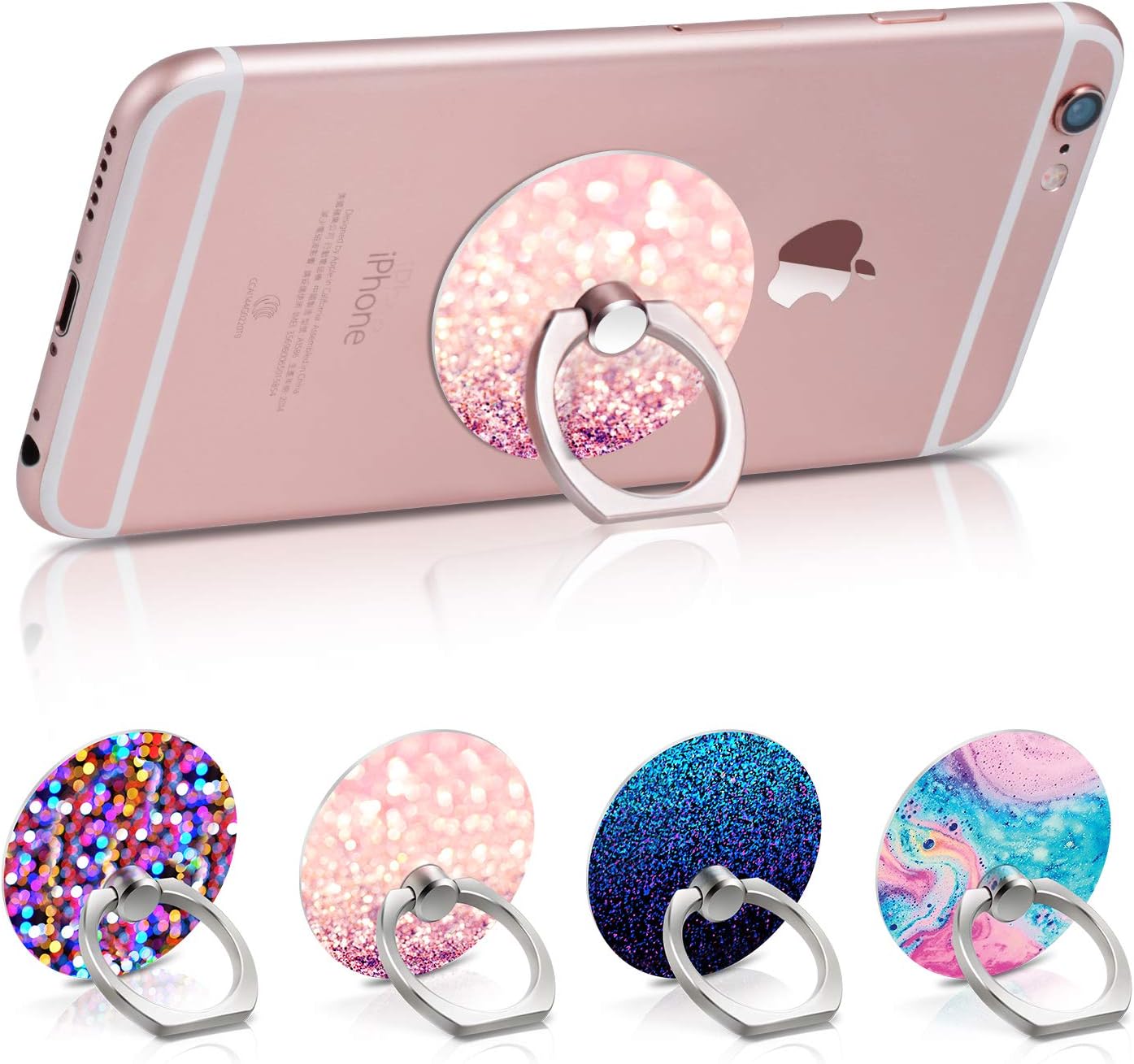 Cell Phone Finger Ring Stand, 4 Pack Universal Phone Ring Holder 360° Rotation Kickstand Grip with 5 Car Mount Hooks Compatible with Almost All Phones/Cases
