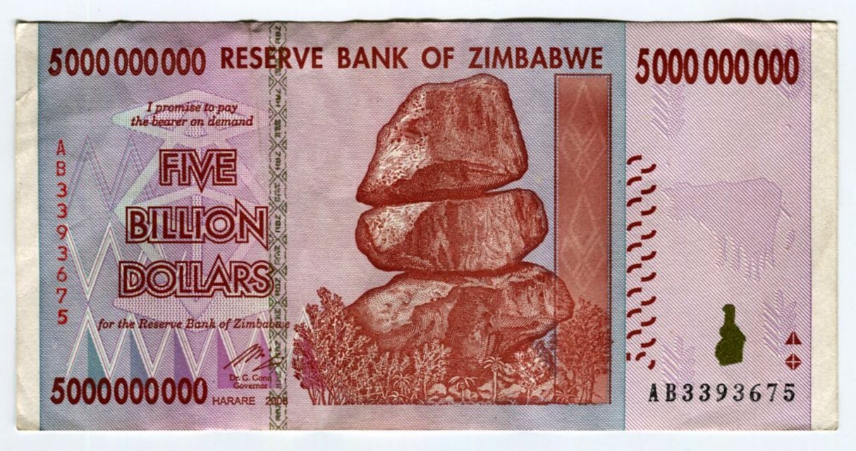 Zimbabwe Dollar Bill Inflation Record Currency Banknote 5 Billion Dollar