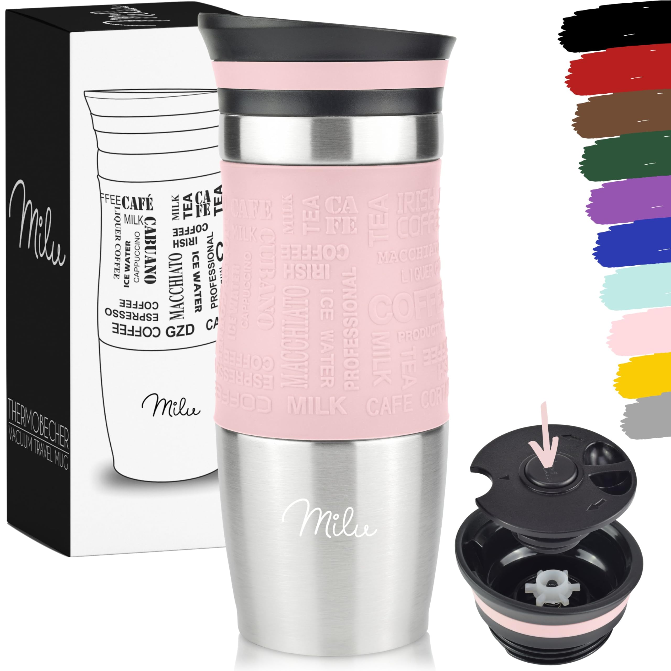 Milu Travel Mug 370ml 450ml - Insulated Coffee Cup to go - 100% Leak Proof - Stainless Steel Drinking Mug - Car Mug Double Wall Insulation Thermo Coffee Flask (Pink, 370 ml) — image 1