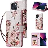 UEEBAI Wallet Case for iPhone 13 6.1 inch, PU Leather Phone Case Kickstand RFID Blocking Flip Case Card Slots Wrist Strap Relief Engraved Pattern Magnetic Closure Flower Folio Case, White Flower