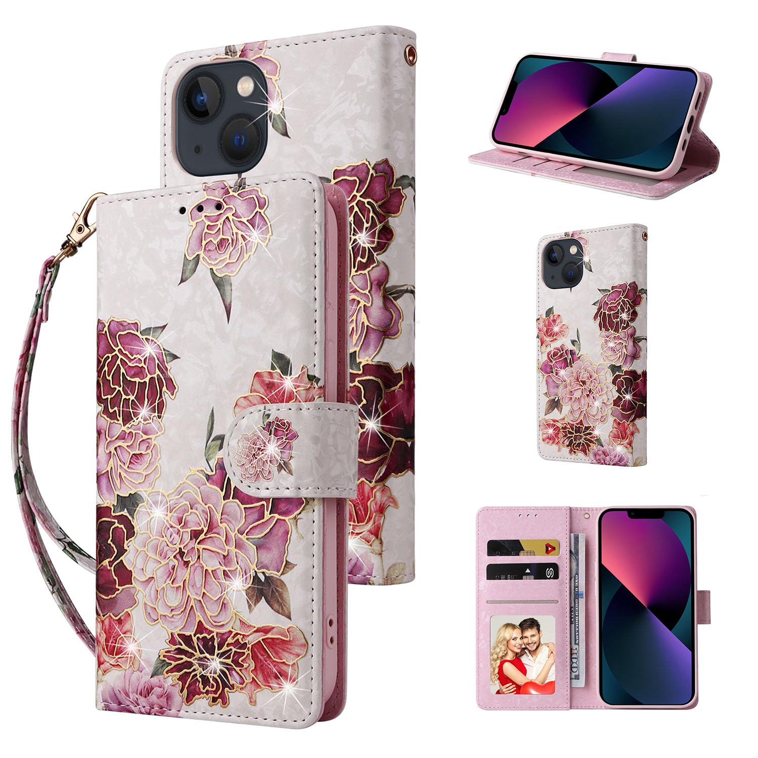UEEBAI Wallet Case for iPhone 13 6.1 inch, PU Leather Phone Case Kickstand RFID Blocking Flip Case with Card Slots Wrist Strap Relief Engraved Pattern Magnetic Closure Folio Case - White Flower