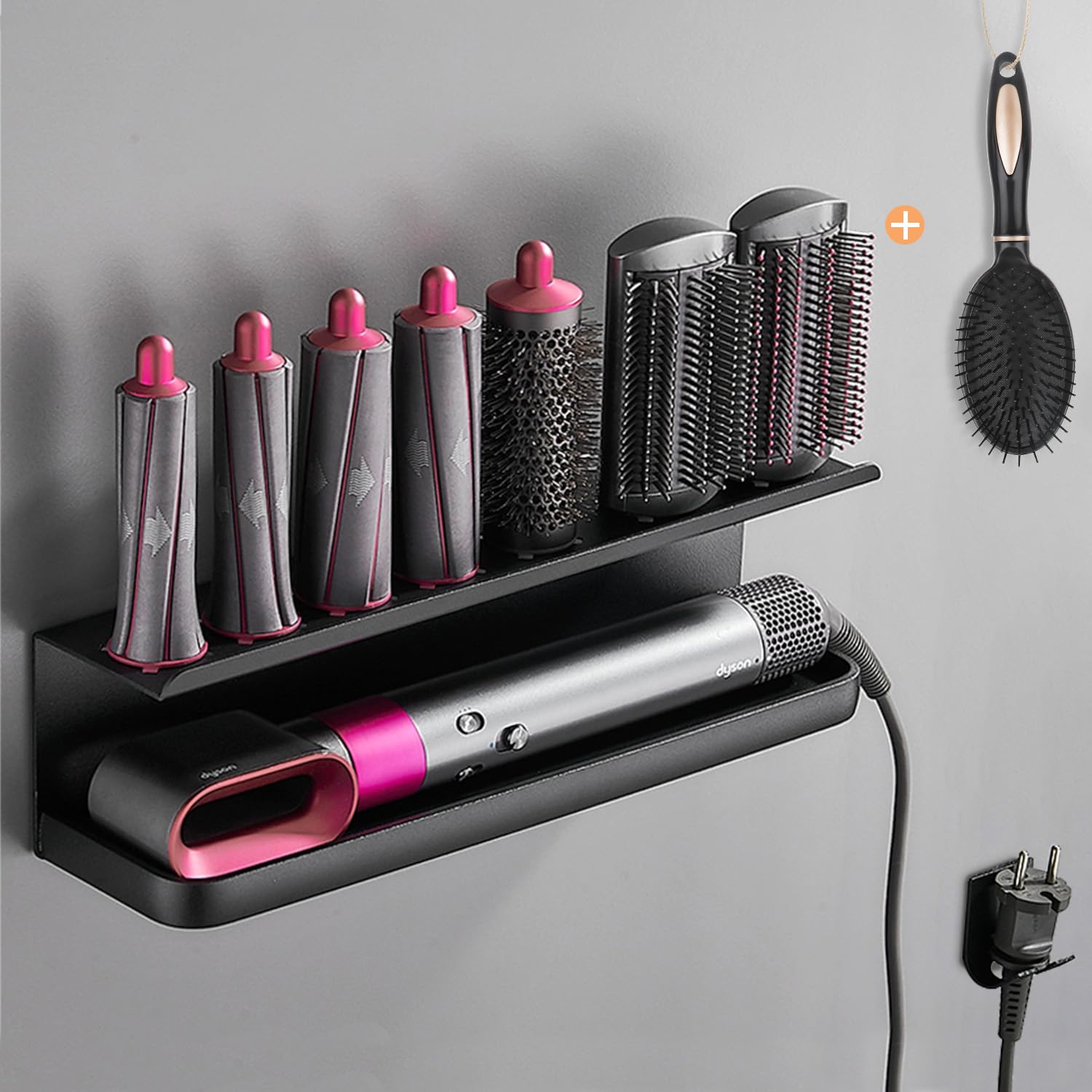 Photo 1 of Yimerlen Wall Mounted Storage Holder Compatible with Dyson Airwrap Storage Stand Rack for Bathroom Shelf Organizer Curling Iron Attachments and Complete Styler (Have a Comb) Black