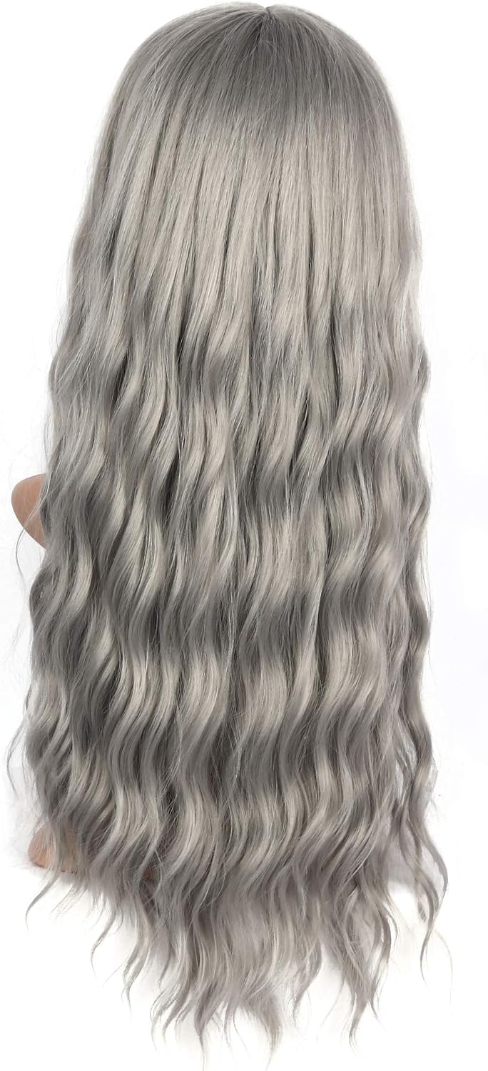 Chisu Synthetic Wigs With Bangs For Women Glueless Wigs Long Wavy Style Wig Middle Part 26inches Silver Grey Color - Image 3
