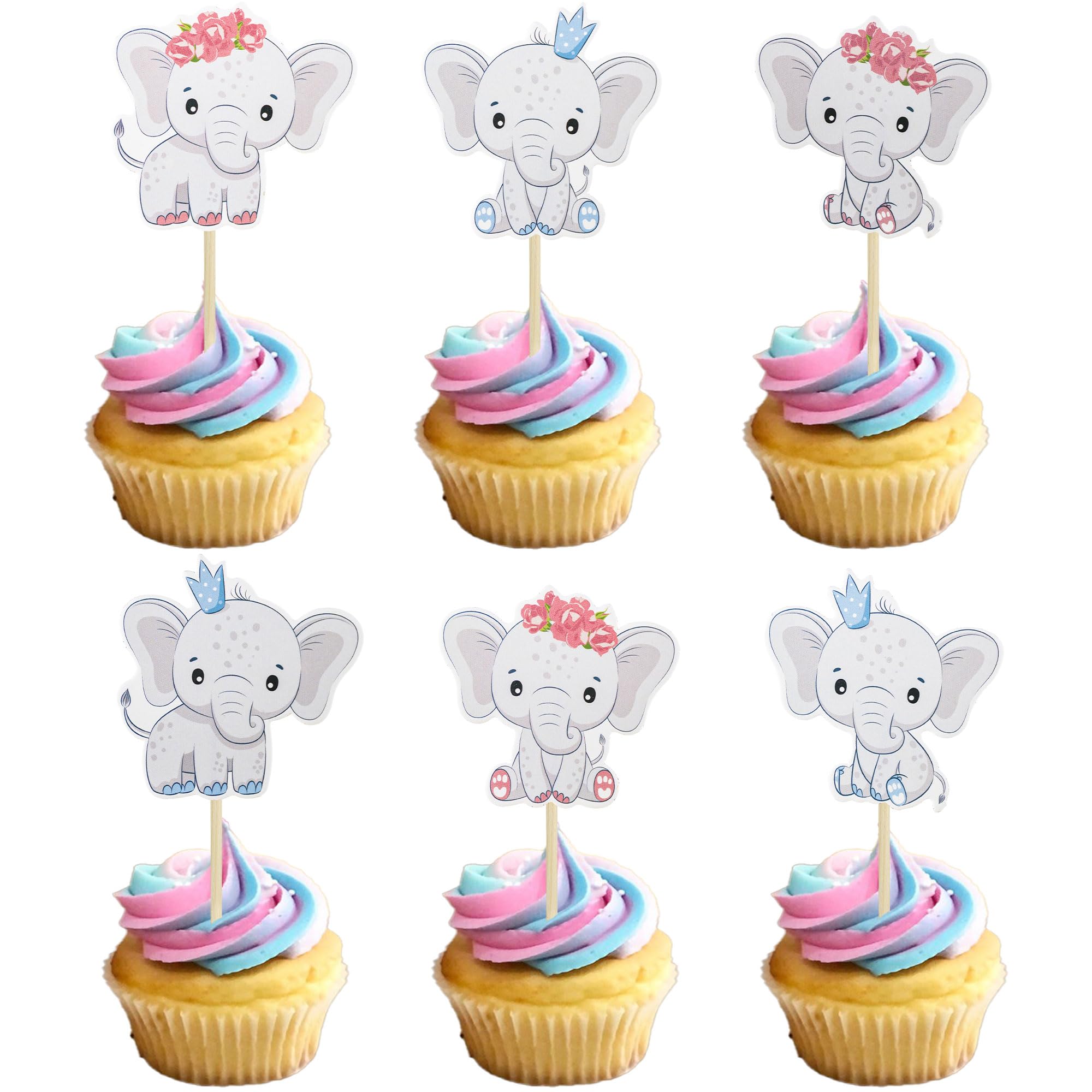 Gyufise 36Pcs Elephant Boy or Girl Cupcake Toppers Gender Reveal Cake Decorations for Elephant Theme Babyshower Kids Birthday Pink Blue Party Decorating Supplies