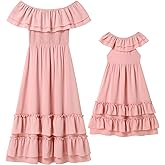 AWIBMK Mother Daughter Matching Boho Mommy and Me Dress Summer Casual Off Shoulder Smocked Tiered A-Line Maxi Dress