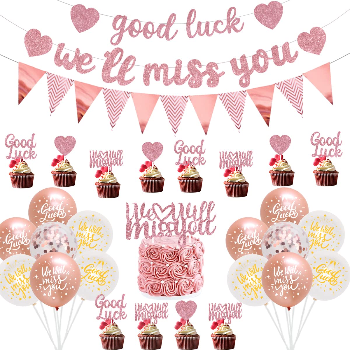 We Will Miss You Banner Decorations Rose Gold Good Luck Banner Party Decorations Triangle Flag Banner Bunting Cake Topper for Job Change Retirement Graduation Leaving Party Farewell Decorations