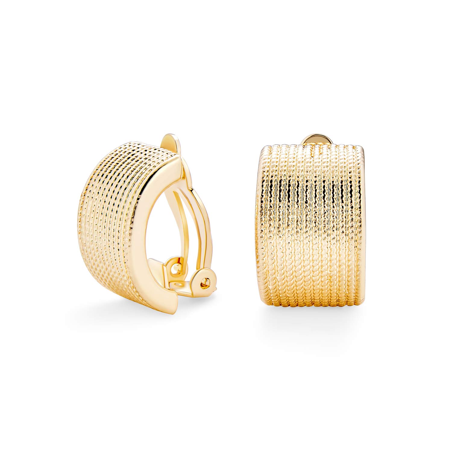 Casual Twisted Grooved Cable Rope Stripe Wide Half Hoop Clip On Earrings For Women Non Pierced Ears Gold Tone Plated — image 1