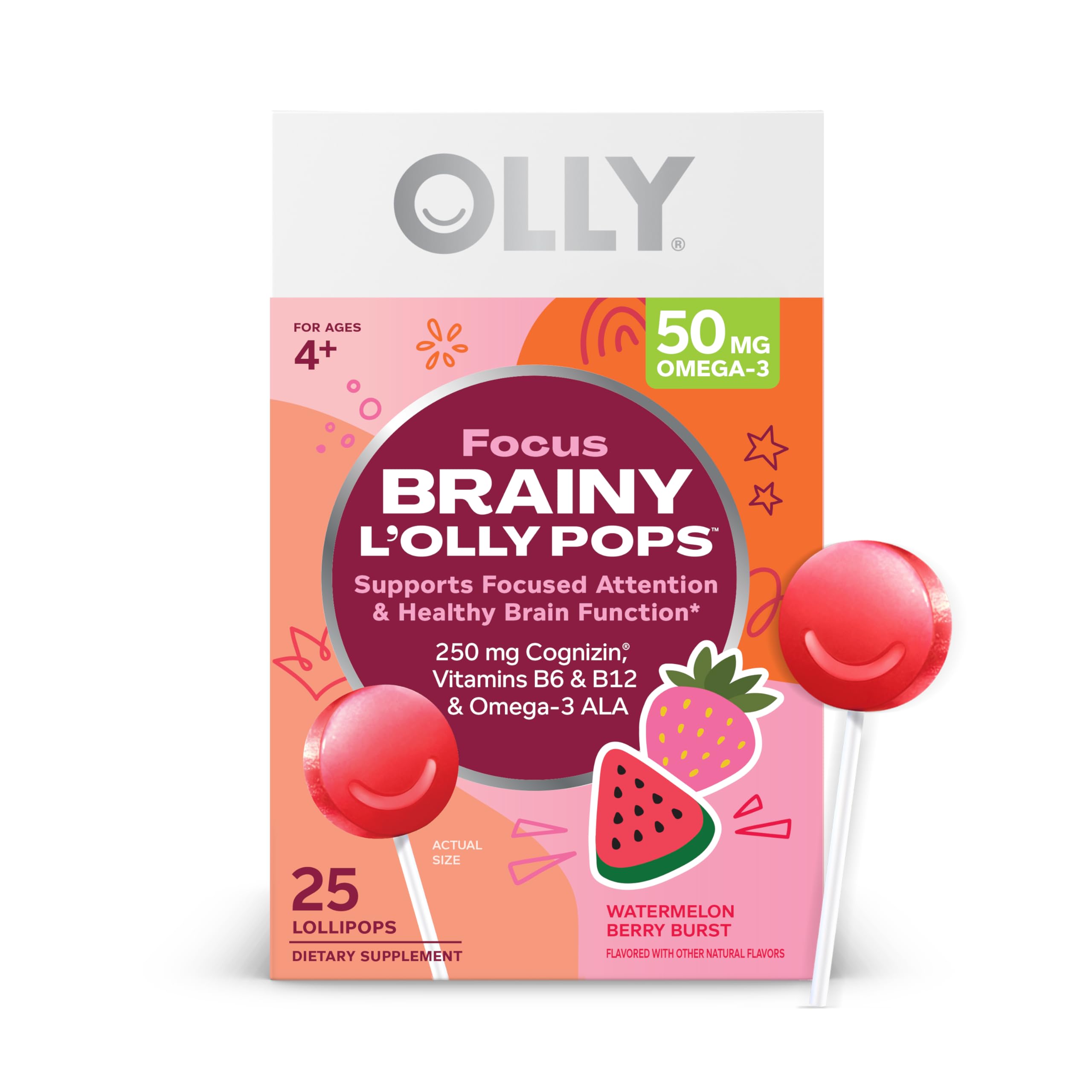 Photo 1 of OLLY Focus Buddies L’OLLY Pops, Cognizin, Vitamins B6 and B12, Omega-3 ALA, Supports Focused Attention and Healthy Brain Function,* Kids 4+ Dietary Supplement, Watermelon Strawberry Flavored, 25 Count