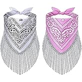2 Pcs Disco Fringed Bandana Cowgirl Bachelorette Bandanas Sparkly Fringe Rhinestone Bandana for Women Girls Bachelorette Western Party Favor