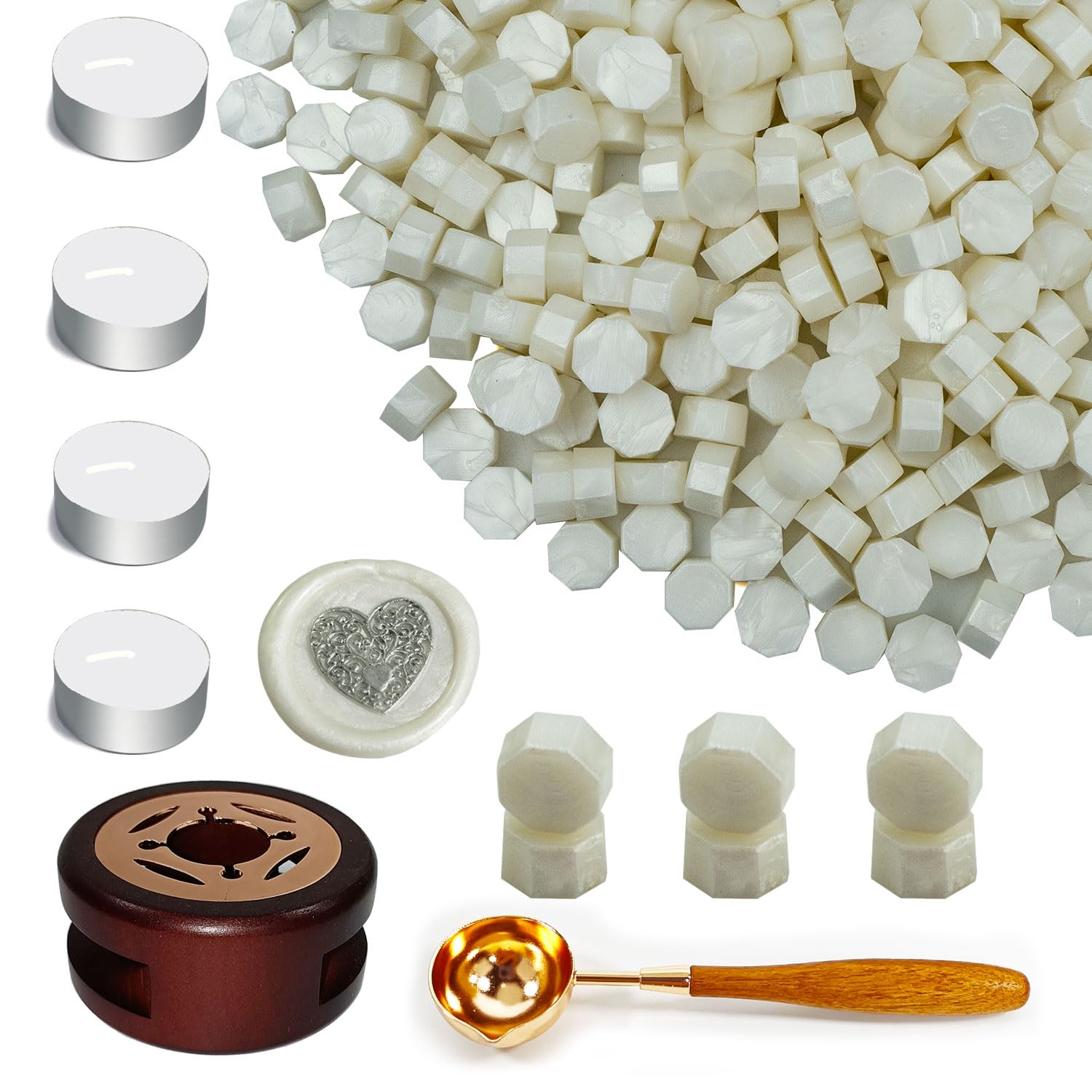 Ioggtser Wax Seal Kit - 400PCS Pearl White Beads, Warmer, Melting Spoon, 4 Candles - Wedding Envelope Sealing Wax Set