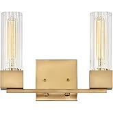 Hinkley Xander Two Light Bathroom Vanity Fixture, Ribbed Clear Glass, Mid-Century Modern, Use T9 or T10 Bulbs, Heritage Brass
