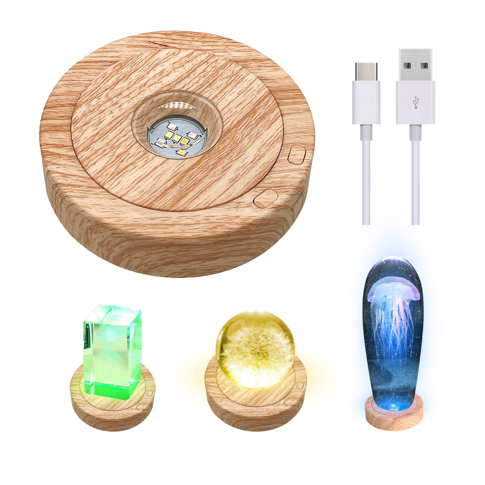 Round Rotatable LED Light Base, 8 Light Modes Display Stand, Multicolored Round Display Base for Crystal Statues Glass Ball (Wood Color)