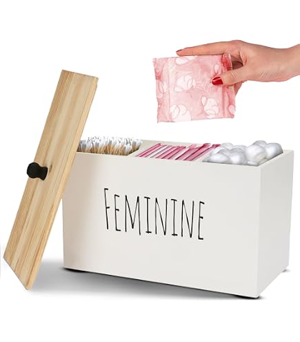 Boîte De Rangement En Bois Pour Produits D'hygiène Féminine - Avec Couvercle Et 3 Compartiments - Dimensions 20x13x13 Cm - Noir Ou Blanc
