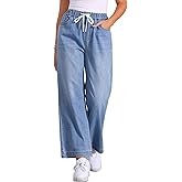 Allegra K Casual Denim Pants for Women's Baggy 2025 Trendy Elastic Waist Wide Legs Drawstring Jeans