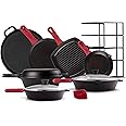 Cast Iron Cookware Set - 17-Piece Pre-Seasoned Kit - 8" Skillet + 10"+12" Skillets with Glass Lid + Grill Pan + Multi-Cooker/Dutch Oven + Flat Griddle + Pizza Pan + Pan Rack Organizer - Indoor/Outdoor