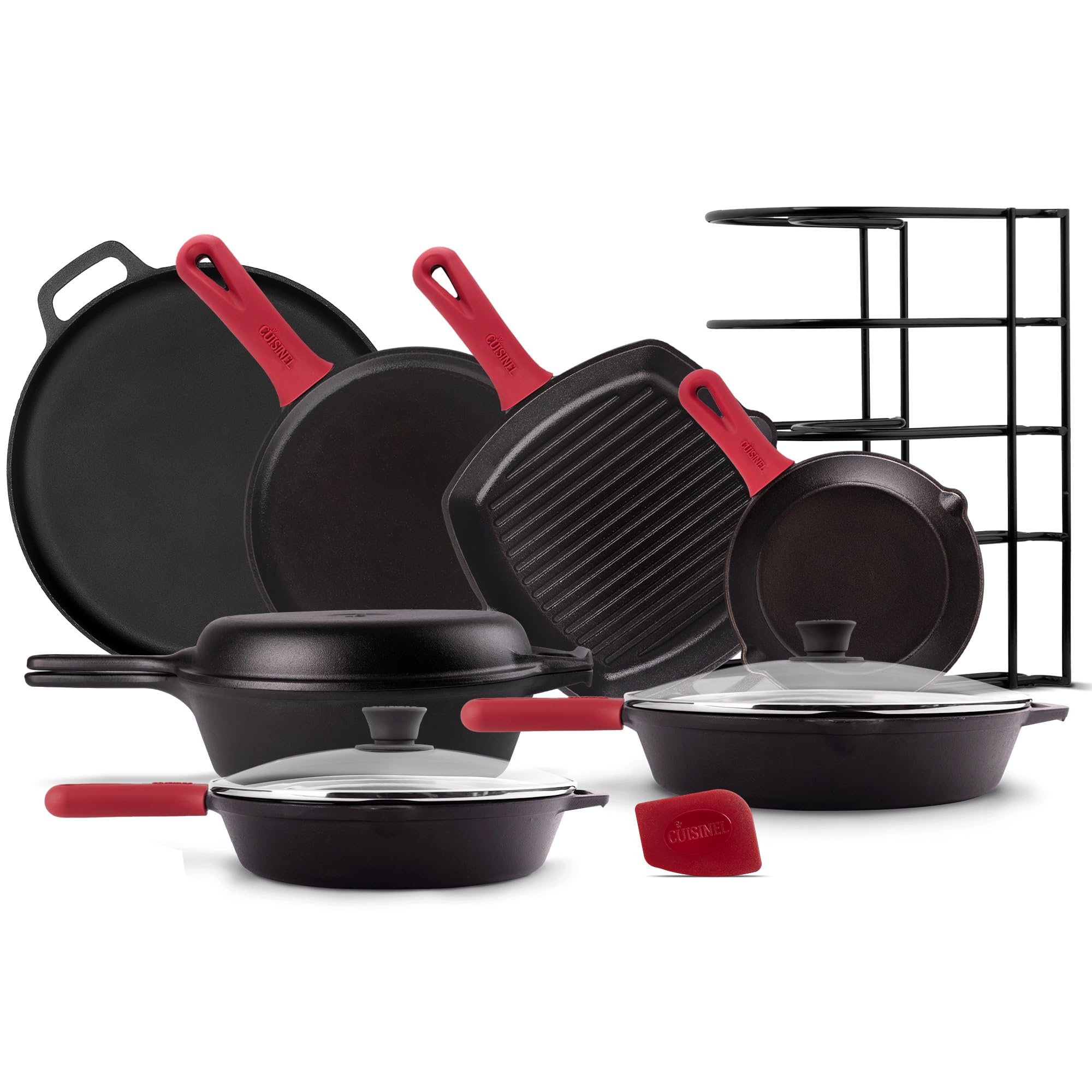 Cast Iron Cookware Set - 17-Piece Pre-Seasoned Kit - 8" Skillet + 10"+12" Skillets with Glass Lid + Grill Pan + Multi-Cooker/Dutch Oven + Flat Griddle + Pizza Pan + Pan Rack Organizer - Indoor/Outdoor Image