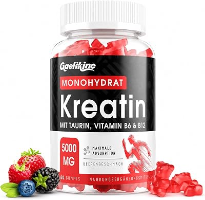 Creatin Monohydrat Gummibärchen 5000mg, Hochdosierte Kreatin mit Taurin, Vitamin B12 & B6, Alternative zu Kreatin Kapseln & Pulver, Vegan, Beerengeschmack (60 Stück (1er Pack))